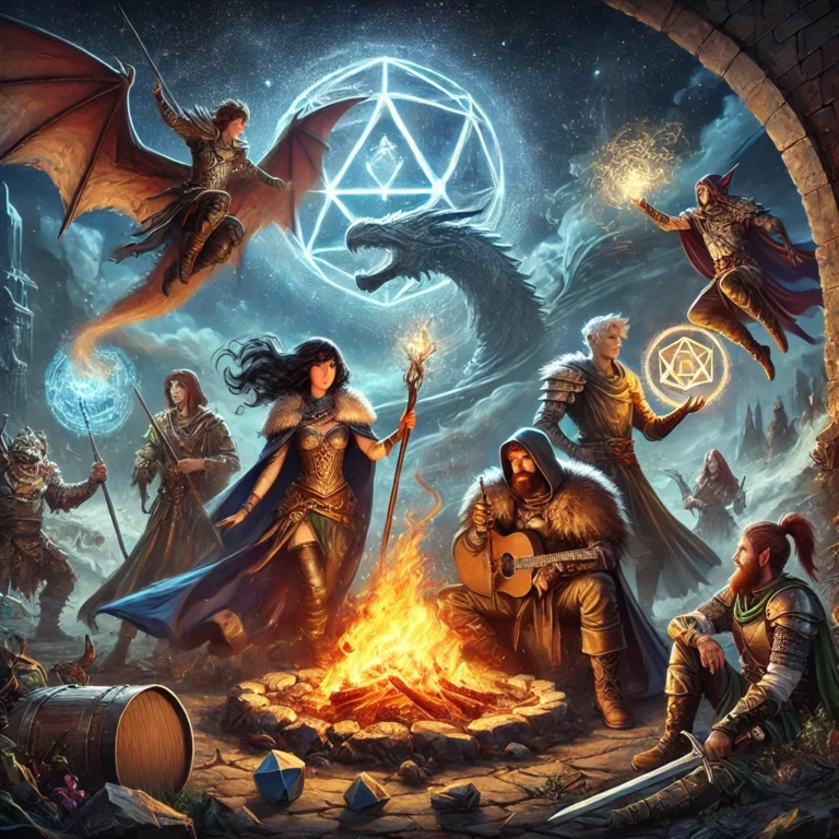 DALL·E 2024-08-22 15.12.19 - Create an image representing the timeless appeal of Dungeons & Dragons, featuring a group of diverse adventurers in a mystical, fantasy setting