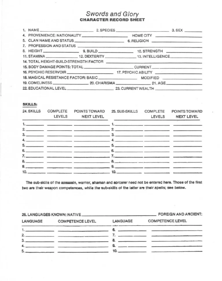Swords & Glory Character Sheet