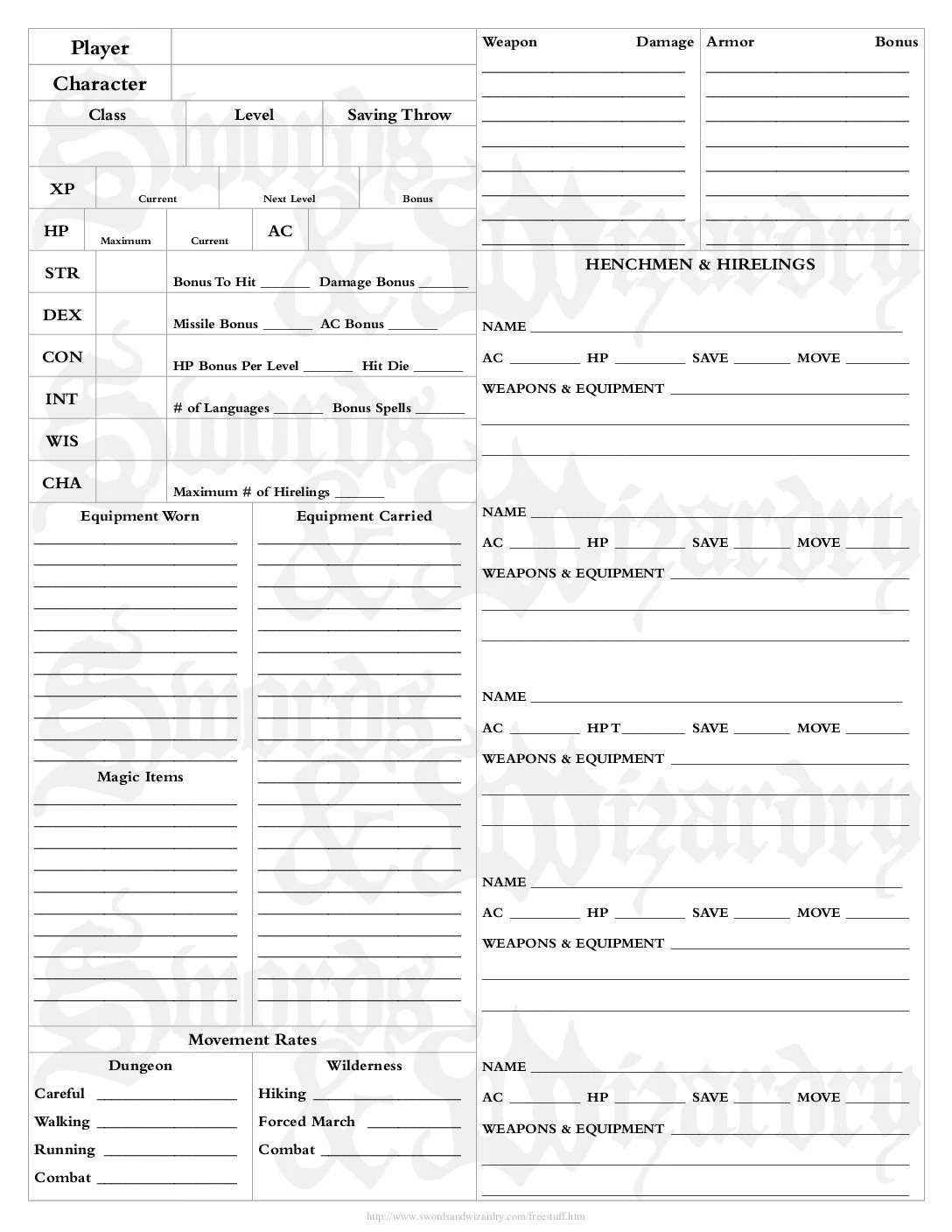 Swords & Wizardry - Grim’s Character Sheet