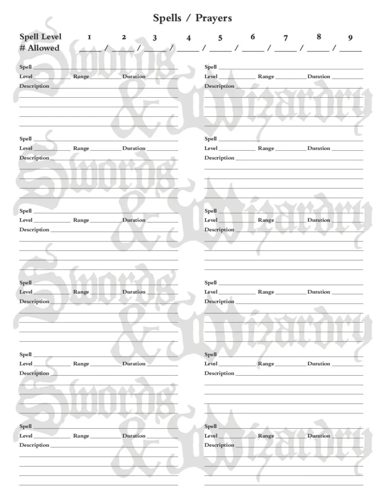 Swords & Wizardry - Grim’s Spell Tracking Sheet