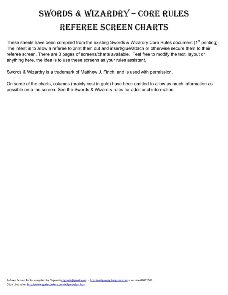 Swords & Wizardry - Referee Screen Charts