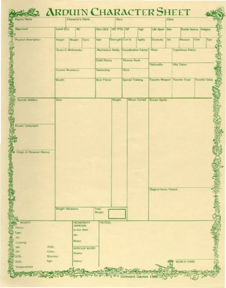 The Arduin Adventure - Character Sheet
